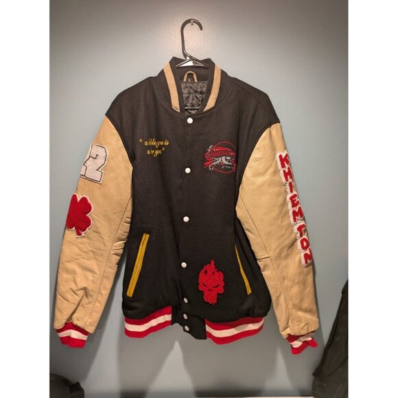 Mens Varsity Leather Jacket Khiemton Humble Tan Black Large - Picture 1 of 10